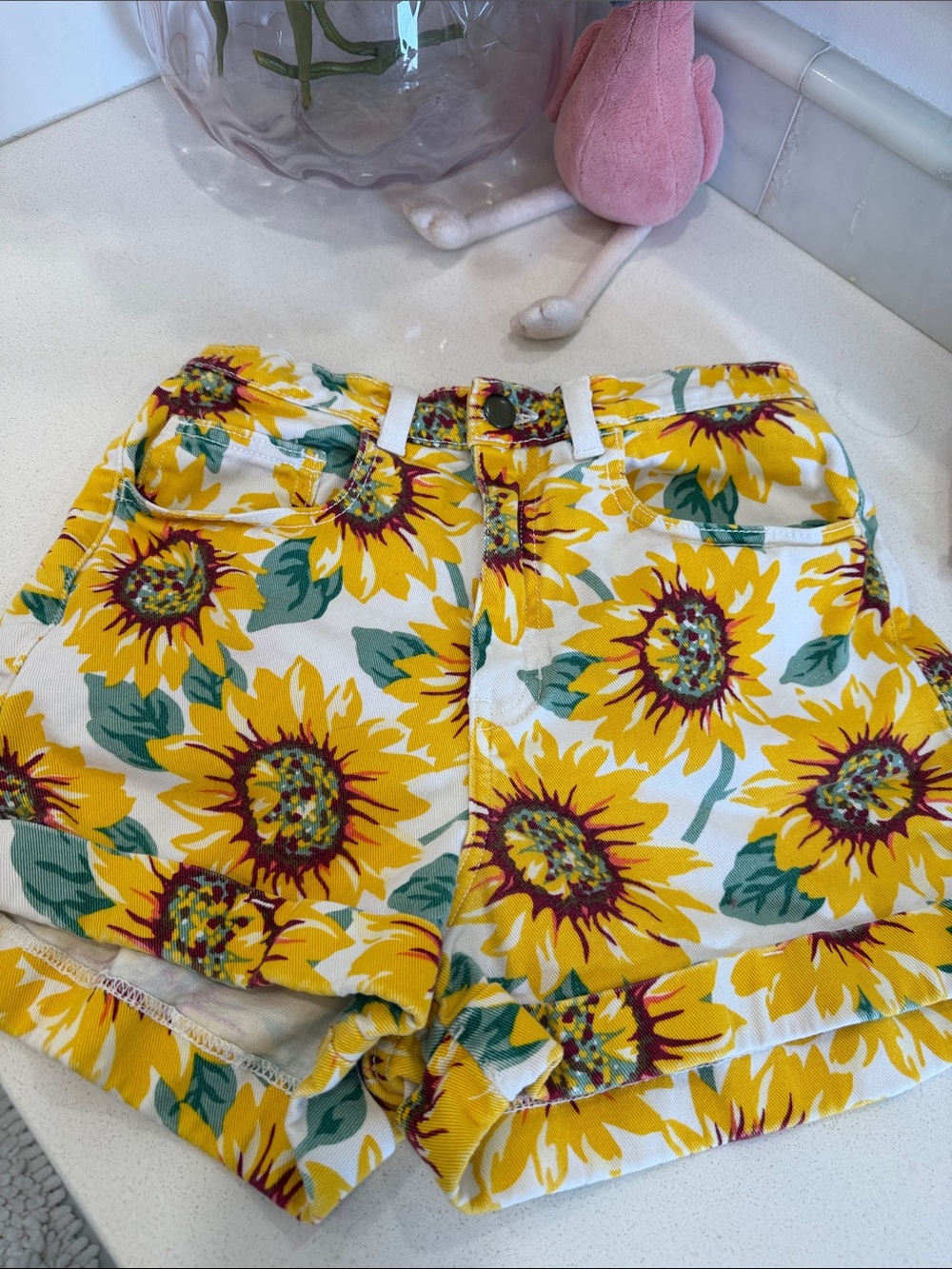 American Apparel White Sunflower Print High-Waist Shorts